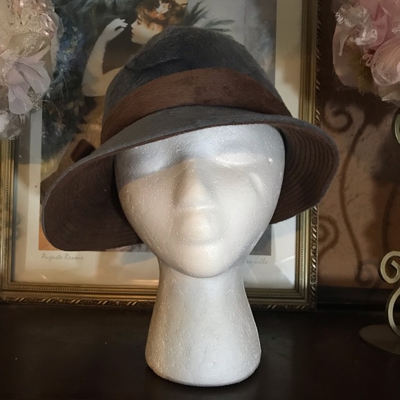 VINTAGE GEORGI ORIGINAL GRAY & BROWN VELOUR MODIFIED FEDORA FELT HAT - Picture 6 of 11